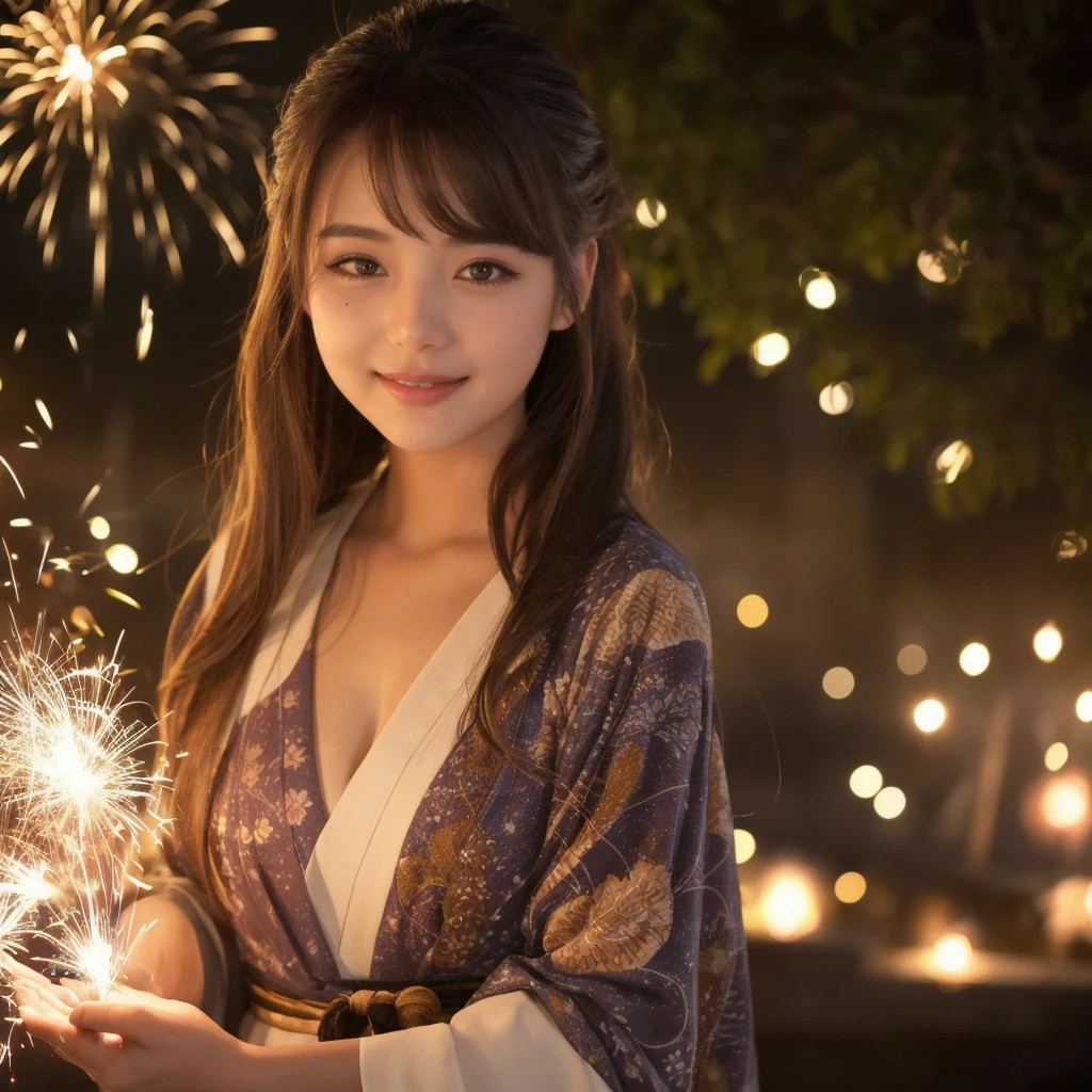 (“solo” Detailed and realistic portrait of a beautiful young Asian woman。She has long light brown hair and big light brown eyes. )A beautiful woman with her hair up, wearing a vibrant yukata, under the night sky. The light from the sparkler softly illuminates her face, highlighting her charming smile. The background exudes the quiet ambiance of a summer night, with distant fireworks audible in the distance.
