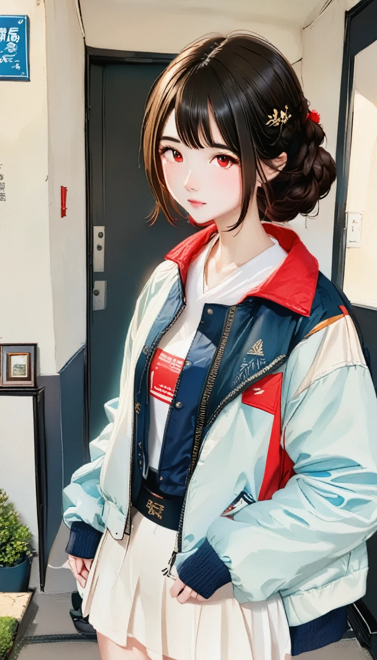 best quality, masterpiece, solo, 1girl, black hair, jacket, red eyes, black beckground, standing, black shoes, future jacket