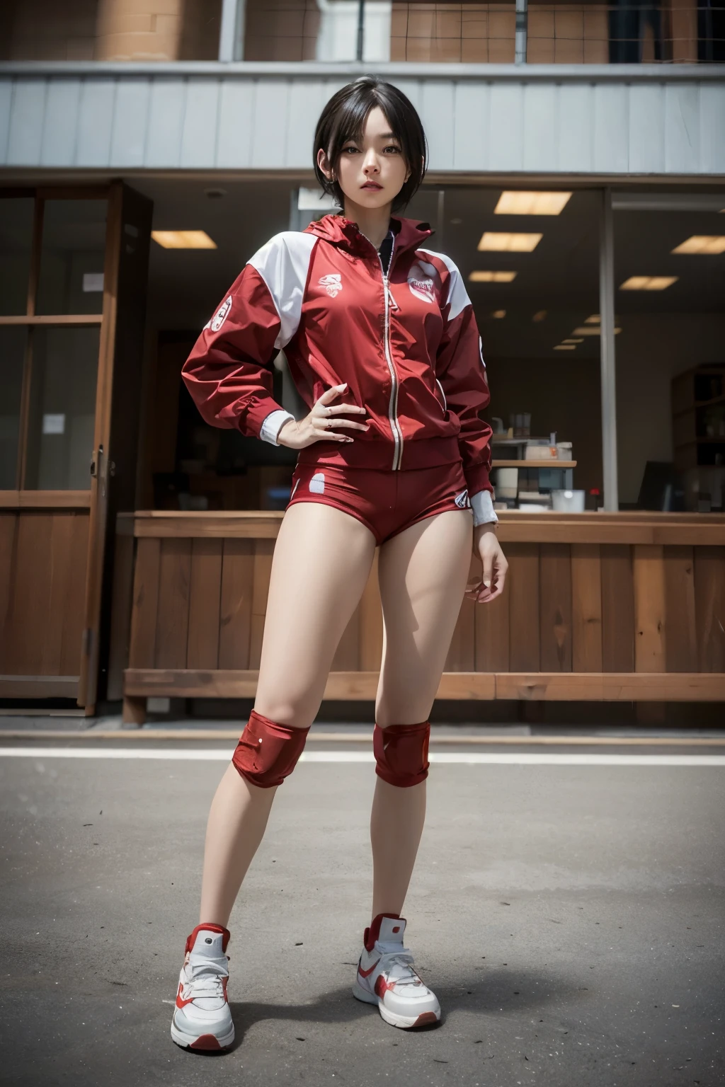 masterpiece, best quality, full body, ayuhara natsu, standing girl, short hair, red jacket, short shorts, glamour, beauty face, bandages, knee pads, sneakers, volleyball