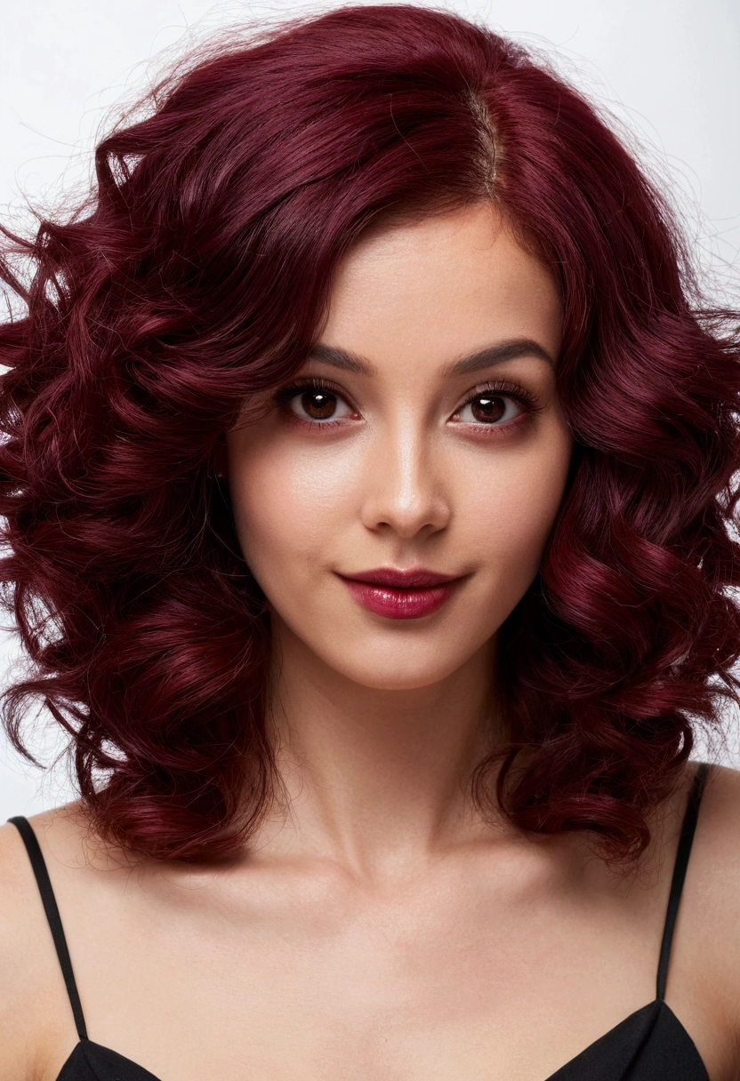 Red wine hair, red dark eyes, woman, charm, cheerful, calm