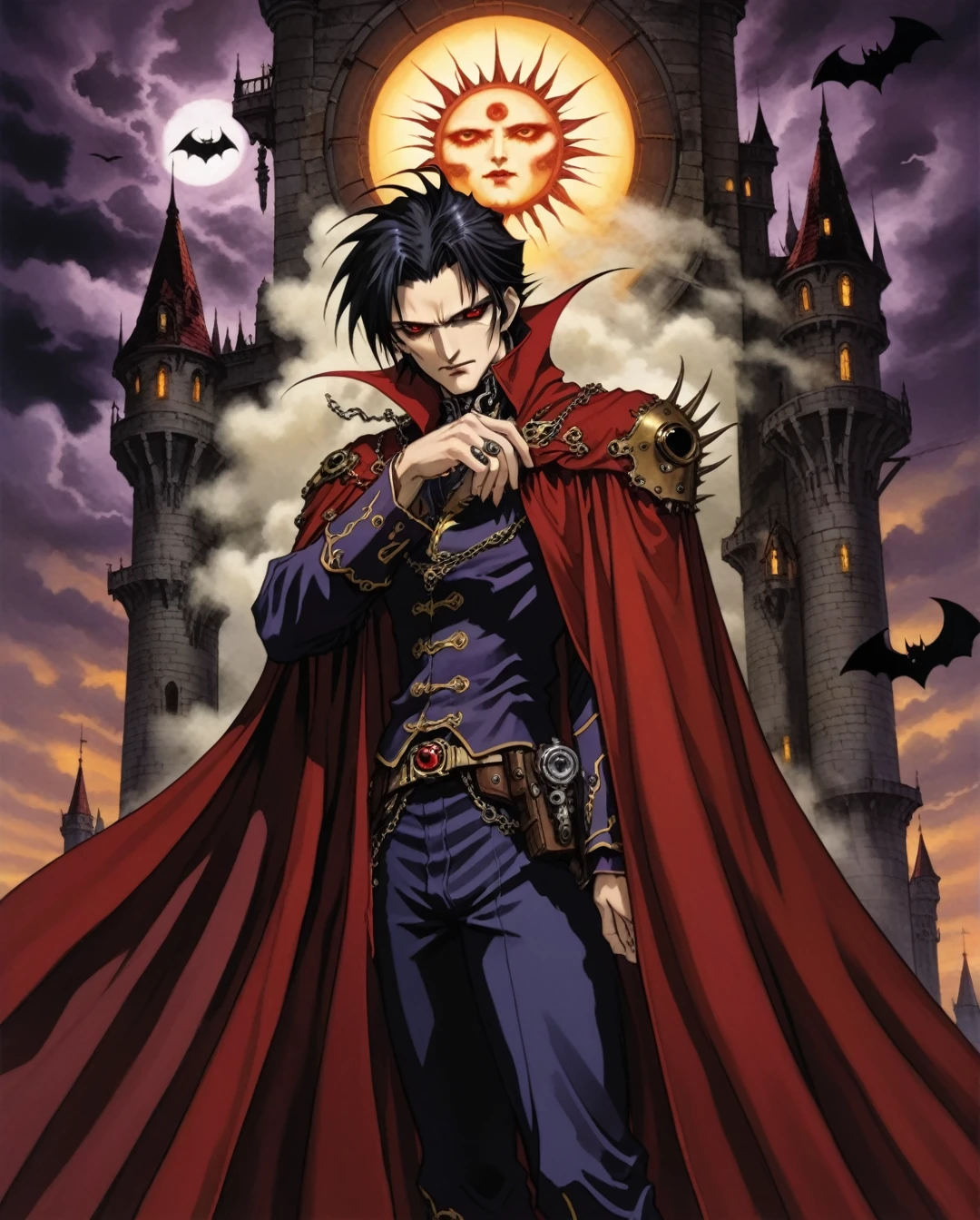 Art style by Akihiro Yamada, Art style by Suehiro Maruo, Art style by Ayami Kojima, (Masterpiece, Top Quality, Super Detail, High Resolution, Best Illustration), Create an epic, high-quality masterpiece inspired by the poetic narrative of a dark sorcerer planning his conquest. The scene should unfold at dawn's chilling breath, featuring a vampire noble commanding a dark storm in daylight. On a distant hill, a grand steampunk fortress stands tall, its spiraling shadows casting an eerie presence. Depict the vampire with pale skin, flowing dark robes, and ominous red eyes glowing with a commander's glare. He stands atop a high battlement, hand raised to conjure the night's veil as a maelstrom cloaks the light. Tendrils of deep gloom, born from steampunk bat sorcery, envelop the sun, fading it into dusk. The fortress boasts gothic spires reaching the sky, stone structures intertwined with gears, and gargoyles coming to life. Vampire soldiers stride with crimson capes unfurling in the wind, armed with crossbows and fearsome determination. Animate stone guardians, brought to life by dark spells, defend the cold fortress. Illustrate the clash of steam cannons and siege machines, with trebuchets aiming and steam cannons exhaling fiercely. The maelstrom swirls mightily, bizarre bats amidst the storm, while lightning knits the darkness. As golden rays break through, they splice the gloom, illuminating the tense visages of defenders.