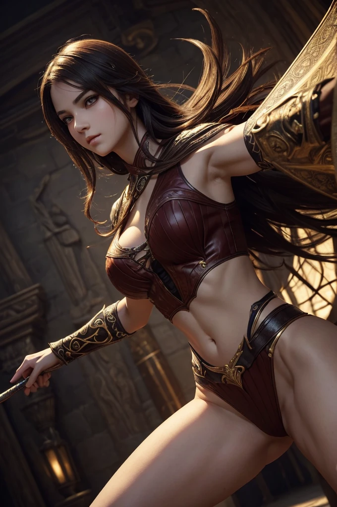 ((best quality)), ((masterpiece)), (detailed), ((normal anatomy)), beautiful eye detail, perfect face, high detail, charismatic, full body, realistic, cinematic lighting, defined body, super detail, high realism, playing lute, beautiful demon girl, medieval fantasy world, fighting pose, dynamic pose, casting spell