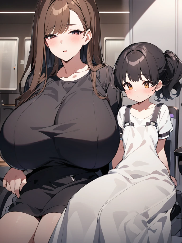 Highest quality、extremely detailed CG、One woman、27-year-old female、Huge breasts:1.3、sagging breast:1.3、White、white coat、white gown、Black inner shirt、Black inner shirtと白いコートを着てカメラに向かってポーズをとるアニメの女の子, breasts covered and SFW, chic,Whiteを着て, Cel-shaded adult animation、Brown Hair、ponytail、Health Room、学校のHealth Room、health room、sitting in a swivel chair