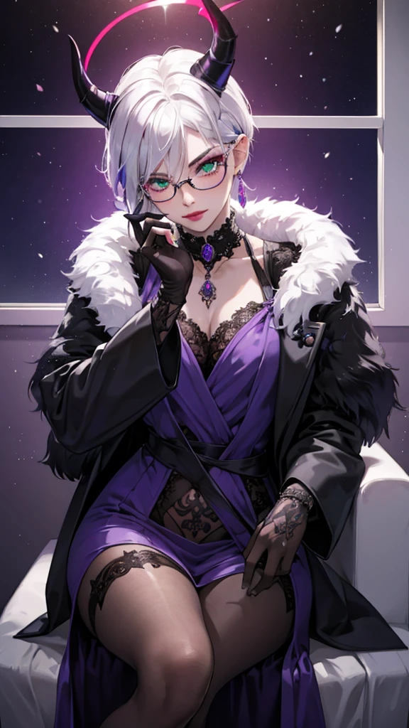 8k, masterpiece, best quality, highly detailed, 1 girl, tiefling, warlock, multicolored hair, very short straight hair green highlight hair on white hair, strippled hair, wearing glasses, round glasses, earrings, red eyeshadow, long eyelashes, navel piercing, blushed cheek, red lips, necklace, rings, collarbone, mole, glamorous, purple and teal clothing, smirk, close up view, rings, looking at viewer, demon horns, solo, royal dress, black lace gloves, fur coat, palace, blue pale moon, sitting on throne, tattoo, halo, celestial.