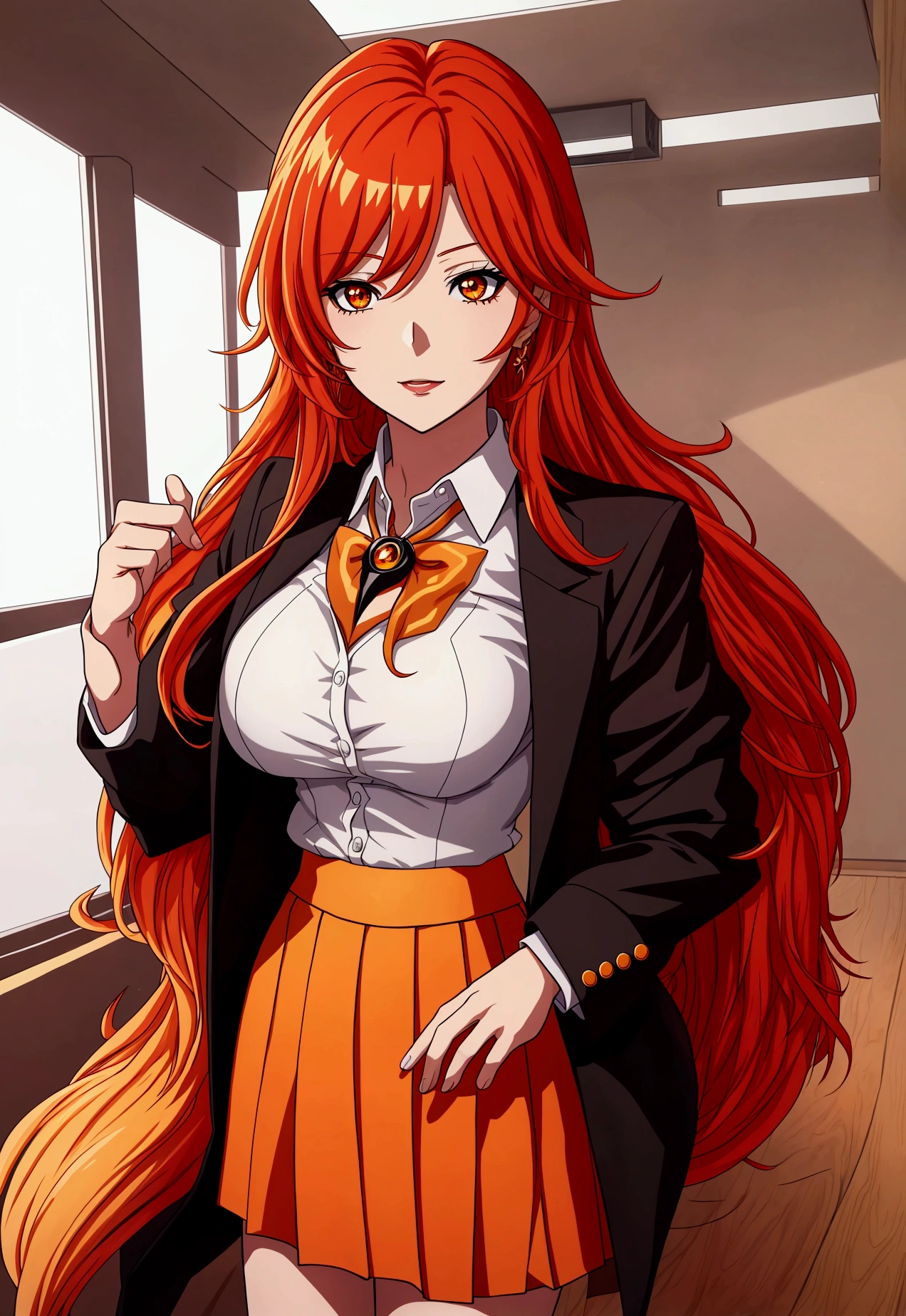 olbusiness attire，Anime girl with long red and orange hair, 28 years old，long hair anime girl, She has long orange-yellow hair., Attractive anime girl,shirt，白shirt，Professional hip skirt，business attire，office，city building，现代office，Very long hair，Large Breasts,Keep files,Exciting appearance，Front view，First Perspective，high quality，16K，Exciting appearance，very clearly，Exquisite mature facial，Royal sister，Alone，Standing front，Hands hanging down，High heel，whole body