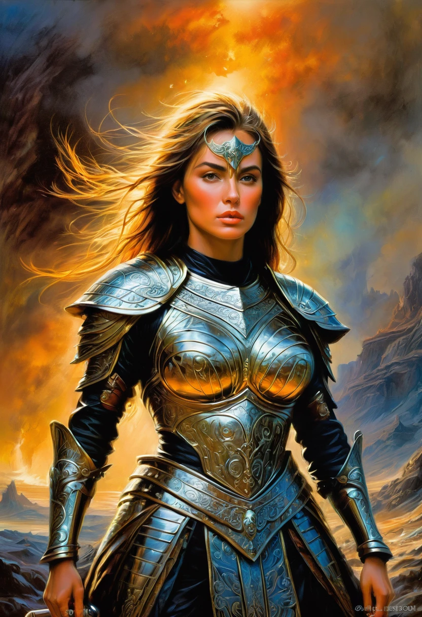 Female Warrior, by Bob Eggleton, best quality, masterpiece, very aesthetic, perfect composition, intricate details, ultra-detailed