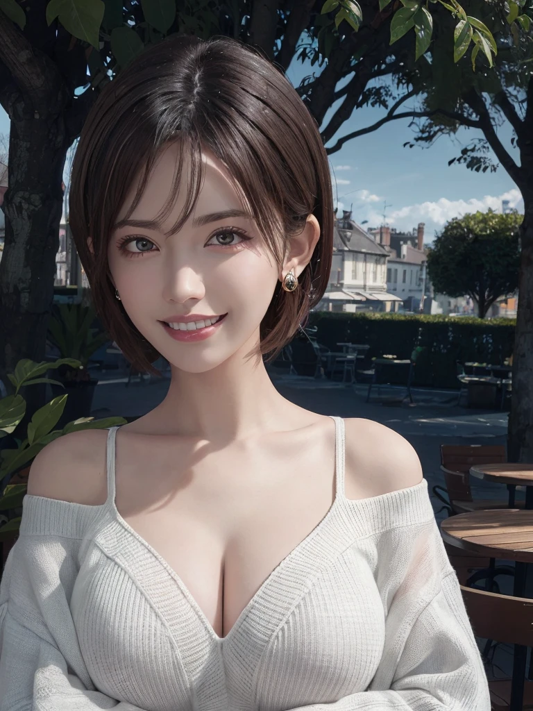 Highest quality, photoRealistic, 8K, High resolution, Perfect lighting, nice, masterpiece, Realistic, Close-up portrait,
1 Female, Earrings, Droopy eyes, Wearing an off-the-shoulder sweater, Huge breasts, Cleavage, short hair, View your viewers, A kind smile, teeth, Outdoor, At the cafe