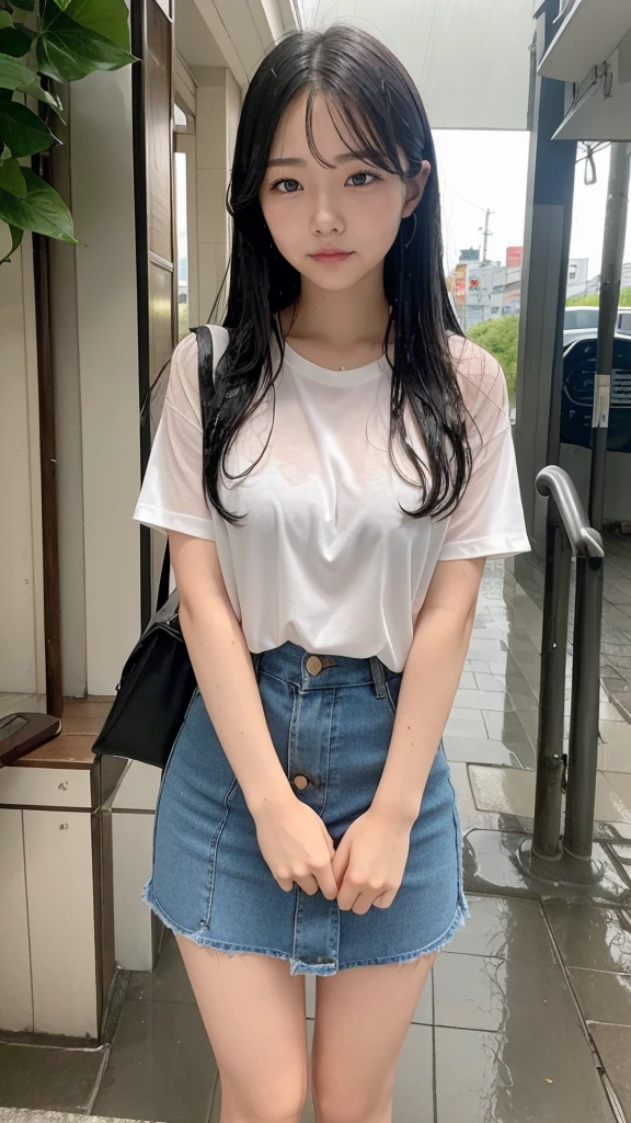 Natural image quality,Standing facing forward, (((looking at the camera))),１People Girls,Japanese,20-year-old,Beauty,tears,Sad expression, Wet short-sleeved summer clothes,Wet fabric skirt,(Disheveled Hair), ((Wet Hair)), ((Wet body)), ((Wet clothes)), ((Wet Face)), (The whole body is wet from rain), (Rainy city office district)