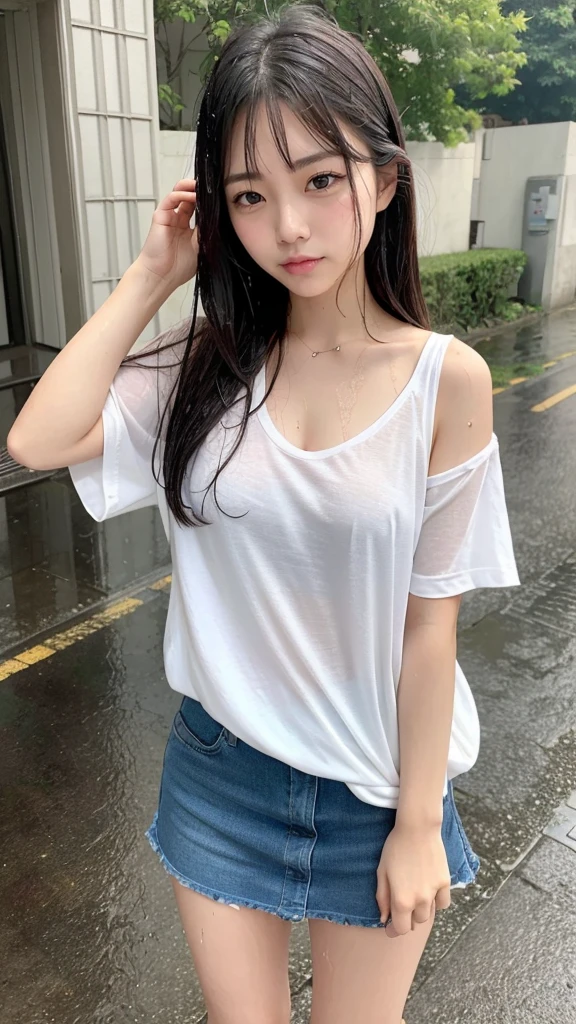 Natural image quality,looking at the camera,1People Girls,Japanese,20-year-old,Beauty,Beautiful face,Cute face,Are crying,Crying loudly,Sad expression,Frustrated expression,tears,Short-sleeved summer clothes,skirt,(Disheveled Hair),((Wet Hair)),((Wet body)),((Wet clothes)),((Wet Face)),(The whole body is wet from rain),(Rainy cityscape)