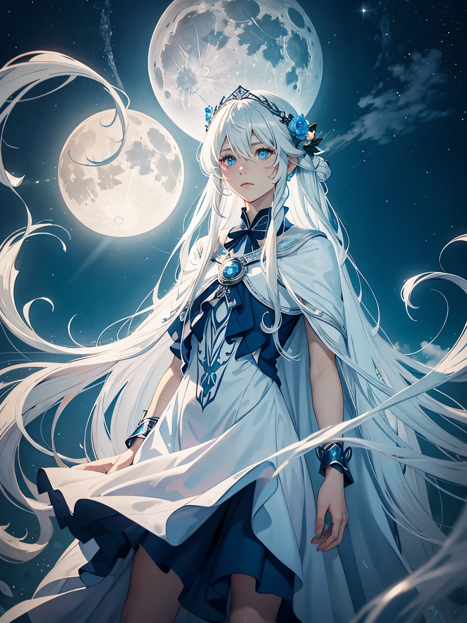 Blue light. Göttlich. Mystisch. Long hair. long white hair. aquatic, boy, Goddess of the Moon, silver hair accessories, White hair, White dress, cape, at night, saturated colors, light eyes, bright, light blue light, blue eyes, Jewelry silver, bluish light, Full moon in the background, aquatic in der Luft rosa kerzen
