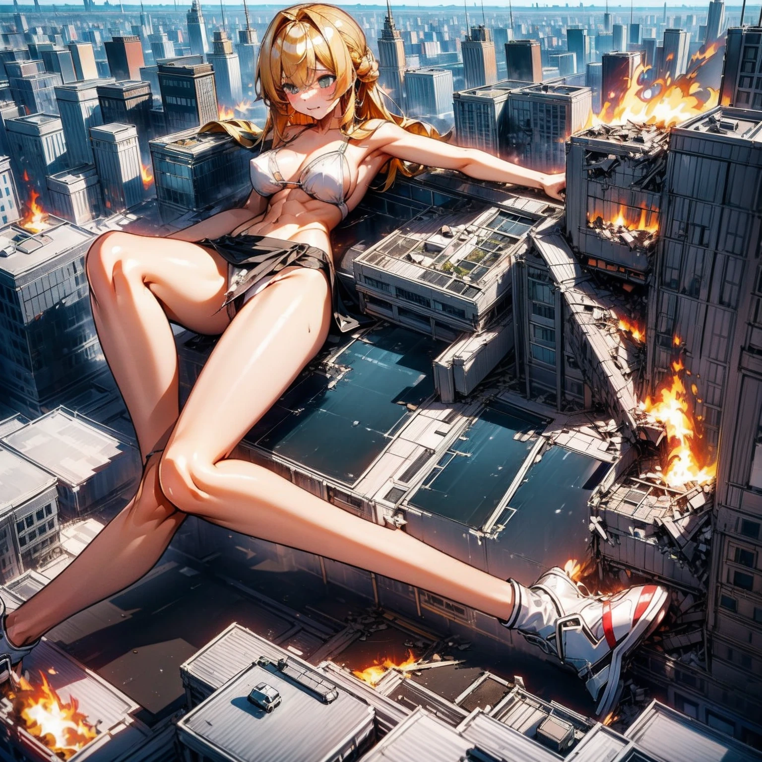 Giantess, long sexy legs, yellow hair, bikini,lying on top of destroyed buildings, city at her feet burns in flames for the destruction she has caused, tiny people climb on her body to try to defeat her uselessly. Giantess, goddess, macrophilia, curvaceous body, hentai, fetish, sexy legs, bikini, high heels, high quality, tiny people, people climbing body, giantess body, small people
