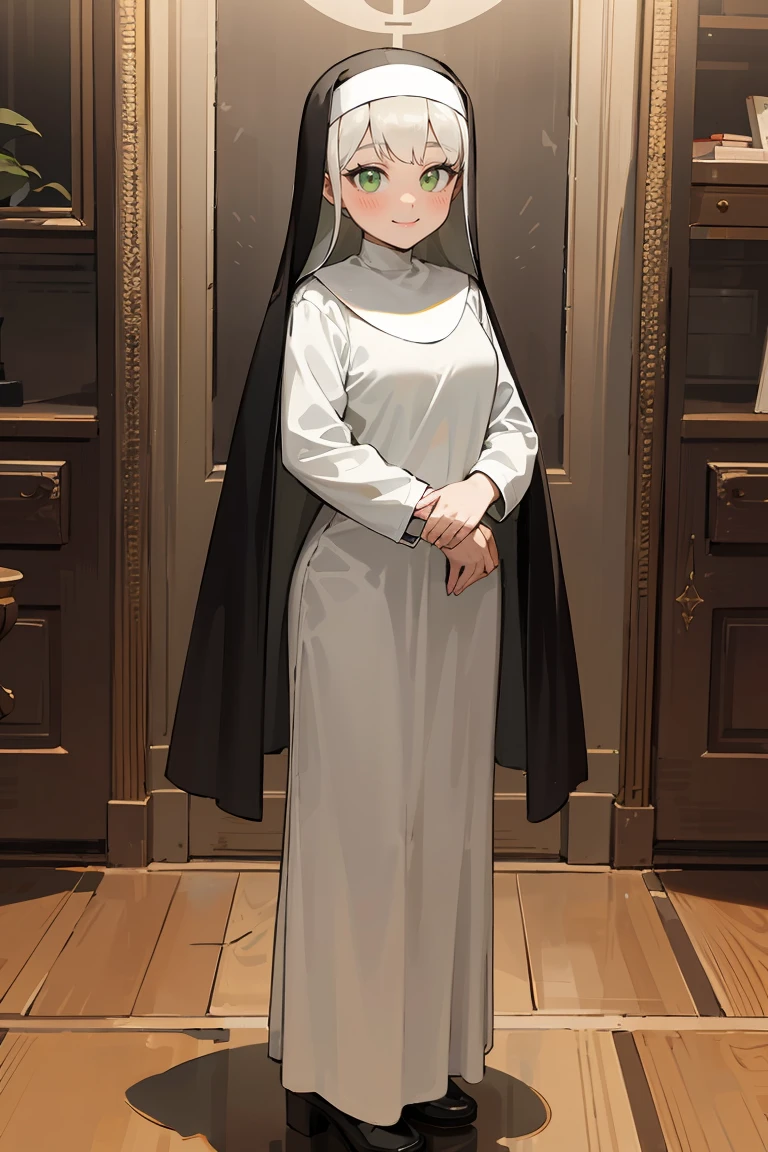 masterpiece, best quality, highly detailed background, perfect lighting, best quality, (extremely detailed face), volumetric lighting, intricate details, shadow, tonemapping, sharp focus, hyper detailed, trending on Artstation, (solo), ((Looking at the viewer)), (White hair), ((thin)), ((green eyes)), ((nun)), ((dressed as a nun)), ((nun's long skirt)), ((delicate)), ((thin and fine figure)), ((elegant)), ((smile)), (blush)
