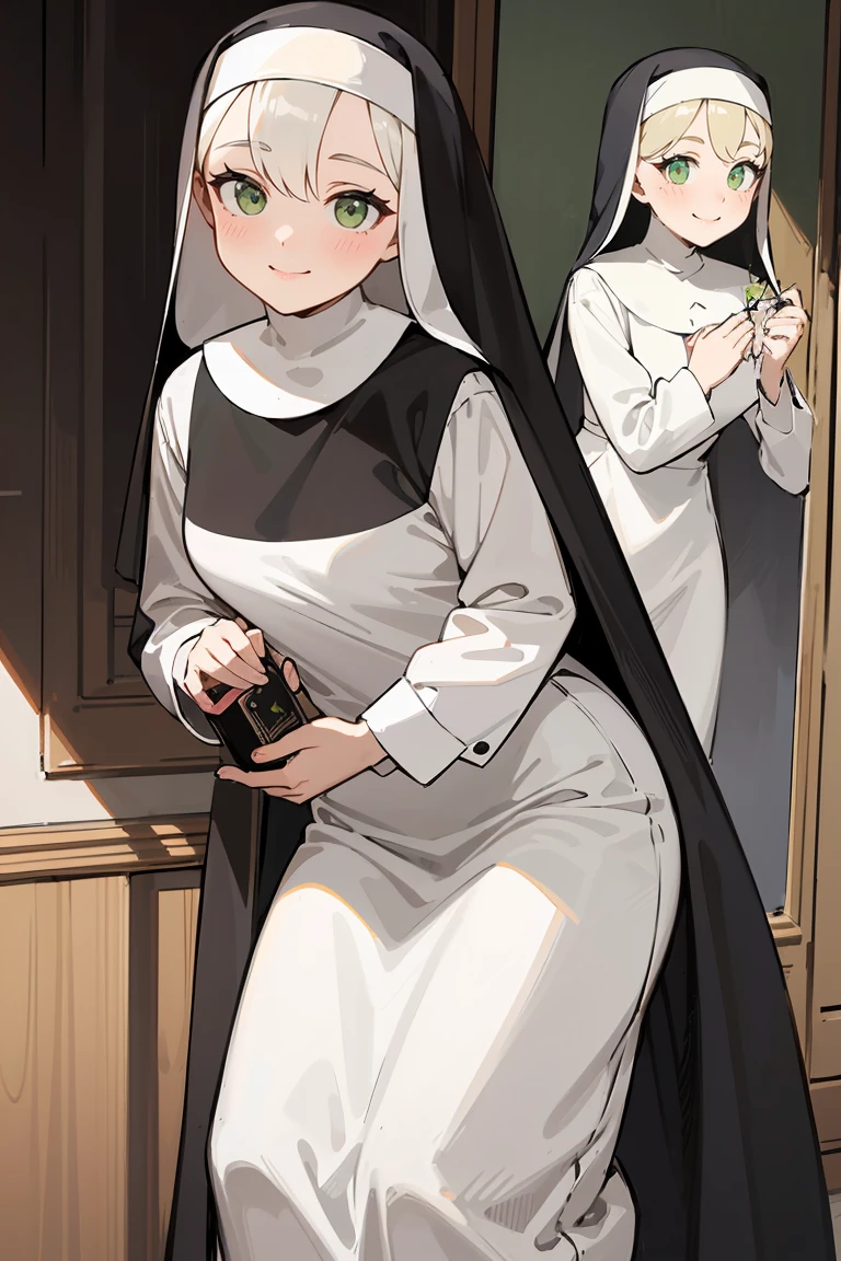 masterpiece, best quality, highly detailed background, perfect lighting, best quality, (extremely detailed face), volumetric lighting, intricate details, shadow, tonemapping, sharp focus, hyper detailed, trending on Artstation, (solo), ((Looking at the viewer)), (White hair), ((thin)), ((green eyes)), ((nun)), ((dressed as a nun)), ((nun's long skirt)), ((delicate)), ((thin and fine figure)), ((elegant)), ((smile)), (blush)