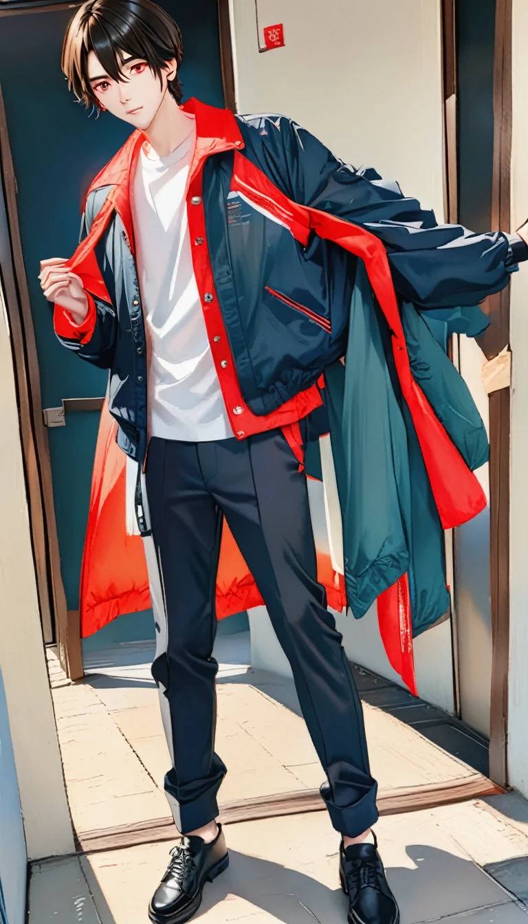 best quality, masterpiece, solo, 1boy, black hair, jacket,  red eyes, black beckground, standing, black shoes, future jacket