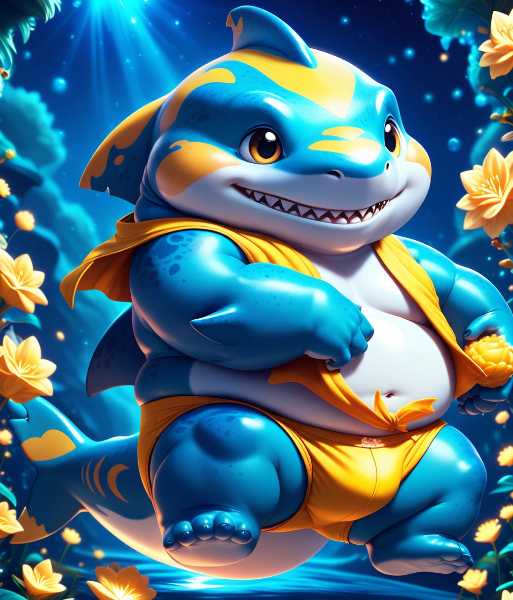 (chubby male shark cub), full body, dorable, magical oasis, fantasy, night time, moonlight, magical, extremely detailed, beautiful,whimsical, high resolution image, bright yellow vest, bright yellow briefs