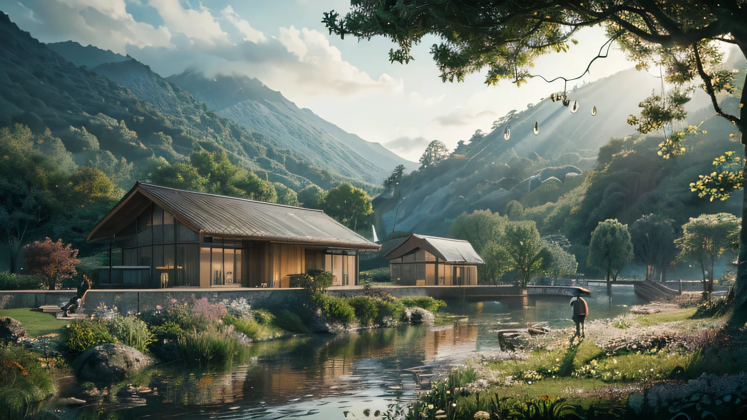 Ghibli,Hayao Miyazaki,Xin Haichenfeng,Nausicaä of the Valley of the Wind,8K,Highest quality,Image of leaves and raindrops, Romantic landscape style, Canon EOS 5D Mark IV, Bright impressionist, Traditional, Sparkling Water Reflection,