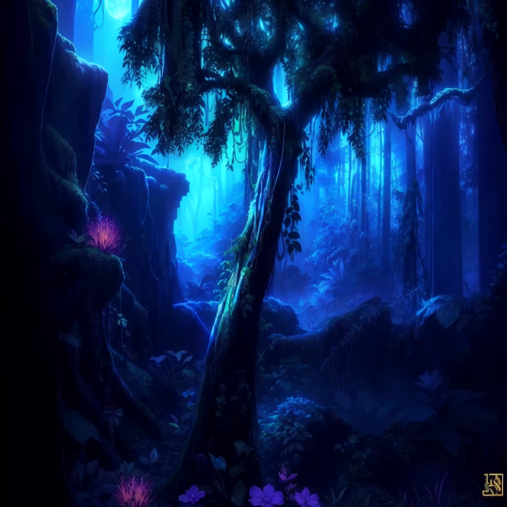 There is a tree in the middle of the dark forest, enchanted magical The Jungle Book, Magical environment, Fantasy magic vegetation, Elf forest background, magical The Jungle Book, Background artwork, The Jungle Book, Enchanted Forest背景, Enchanted Forest, Blue Forest, Moonlight Forest Environment, The Jungle Book environment, cyber space forest scene, The Jungle Book background, The Jungle Book landscape