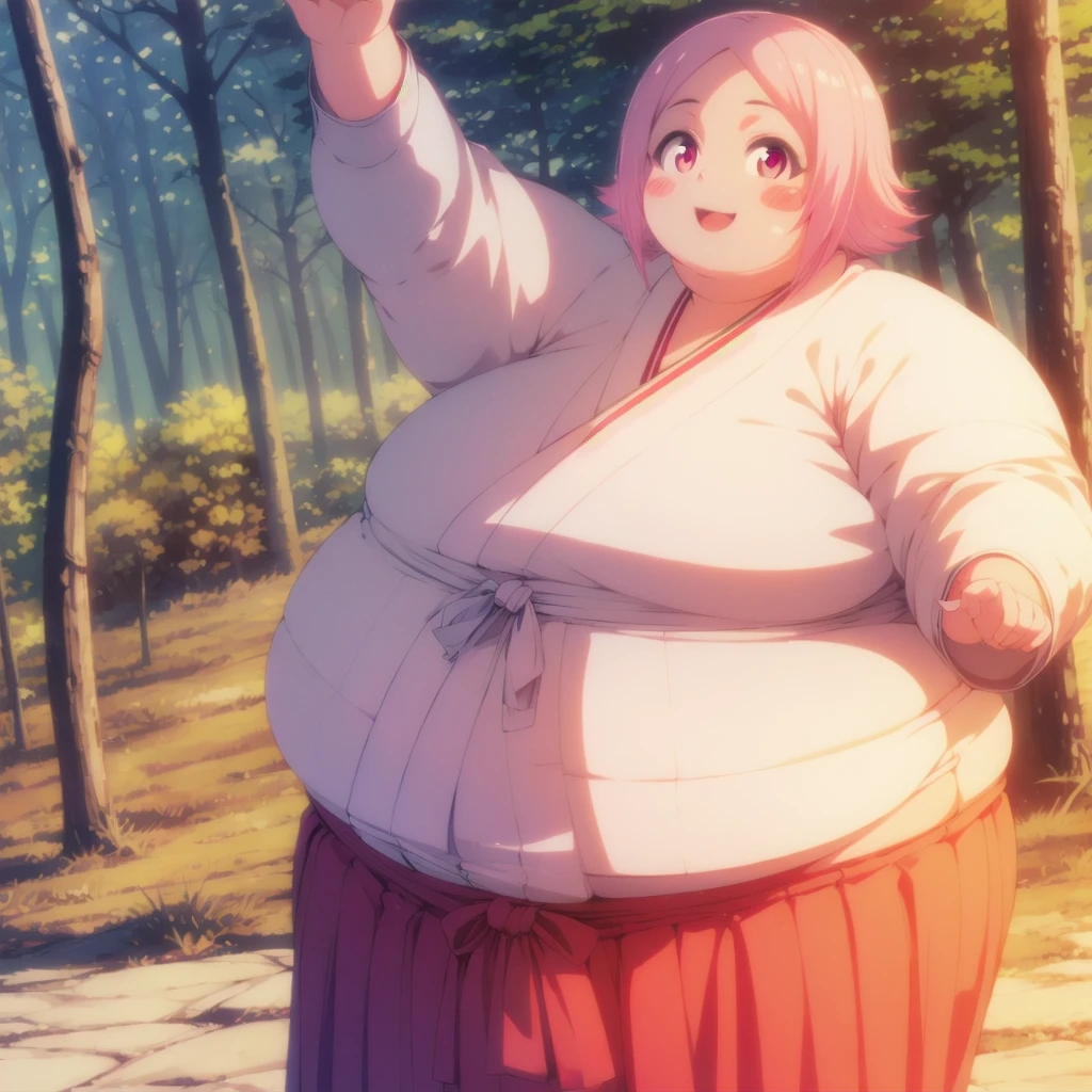 yachirukusajishi, yachiru kusajishi, short hair, pink hair, (pink eyes:1.5), blush stickers, open mouth, forehead,
BREAK long sleeves, japanese clothes, hakama, black hakama,
BREAK outdoors,
BREAK looking at viewer, (cowboy shot:1.5),
BREAK (masterpiece:1.2), best quality, high resolution, unity 8k wallpaper, (illustration:0.8), (beautiful detailed eyes:1.6), extremely detailed face, perfect lighting, extremely detailed CG, (perfect hands, perfect anatomy), standing, smile, blush, solo, 1girl, SSBBW yachiru kusajishi, big cheeks, ssbbw, severely obese ,600lbs obese female, no pupils, ultra detailed, masterpiece, best quality, aesthetic, detailed, Fluffy and Fat Face, Big Butt, Big Cheeks, Obese Body, Sexy, Obese Girl, oddeye, Happy, Cute Expression, Very Hot, NSFW Art