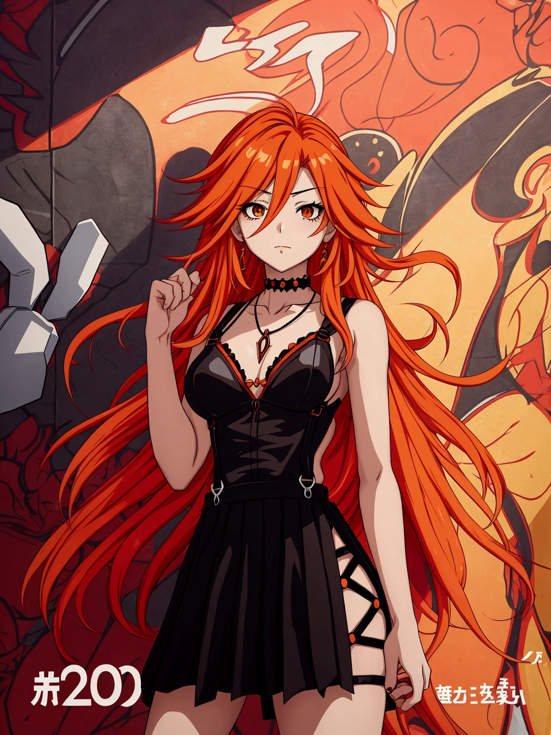 Anime girl in red, orange and black suspender skirt in front of graffiti wall, 25 years old，long hair anime girl, She has long orange-yellow hair., Attractive anime girl,Bare arms，Bare arms，Bare legs，Black necklace，Front view，First Perspective，high quality，16K，Exciting appearance，very clearly，Exquisite mature facial，Royal sister，Simple black suspender skirt，Alone，Standing front