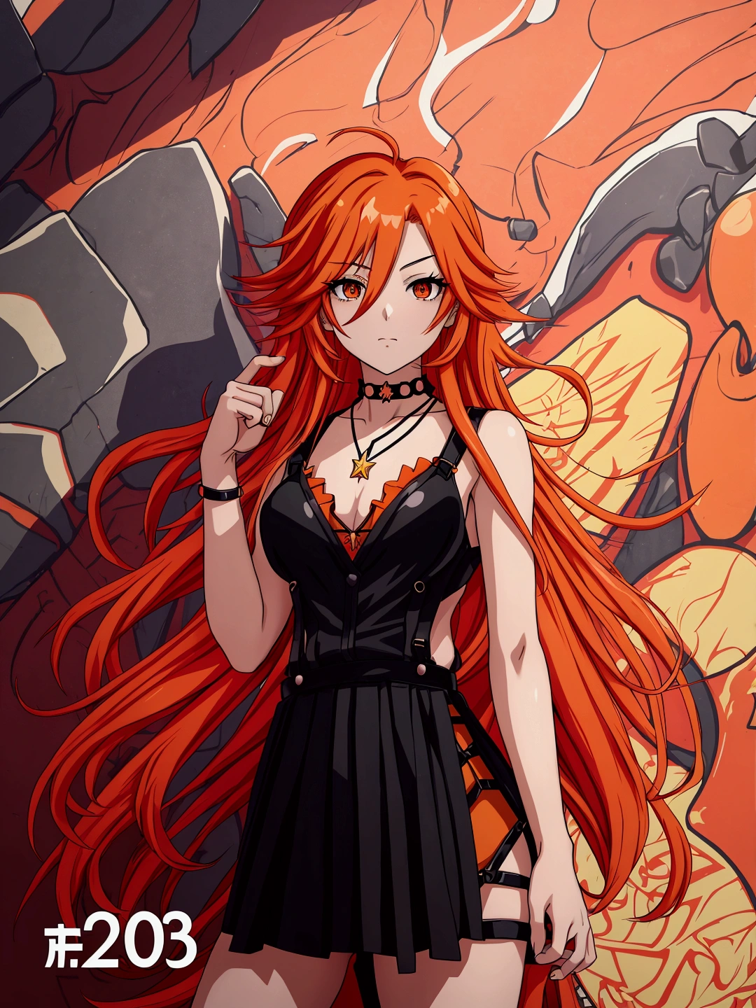 Anime girl in red, orange and black suspender skirt in front of graffiti wall, 25 years old,long hair anime girl, She has long orange-yellow hair., Attractive anime girl,Bare arms,Bare arms,Bare legs,Black necklace,Front view,First Perspective,high quality,16K,Exciting appearance,very clearly,Exquisite mature facial,Royal sister,Simple black suspender skirt,Alone,Standing front