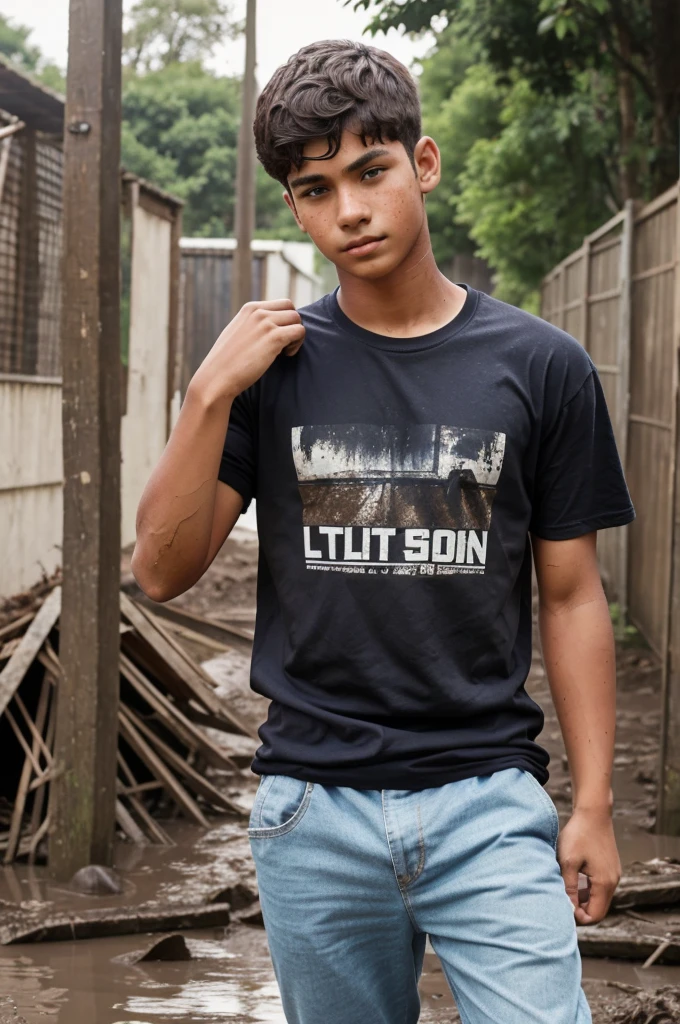 "A boy, around , dressed in a casual T-shirt, lifting his shirt to carry a heap of mud