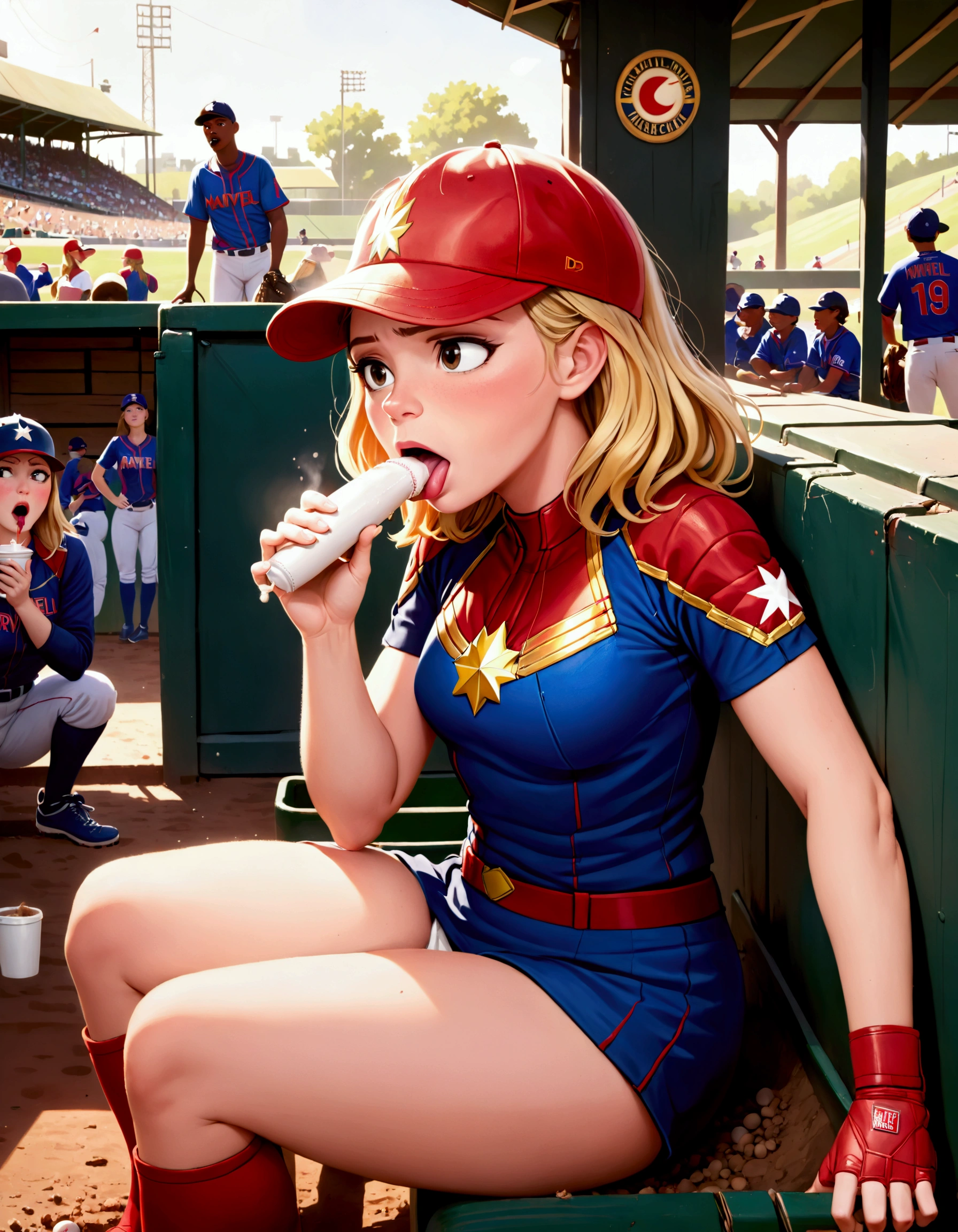 (Brea Larson, age 25, Captain Marvel, baseball cap, chewing tobacco) she is sitting in the baseball dug out spitting into a cup, crowded dugout, baseball game
