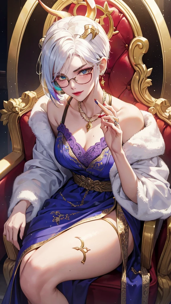 8k, masterpiece, best quality, highly detailed, 1 girl, tiefling, warlock, multicolored hair, very short straight hair green highlight hair on white hair, strippled hair, wearing glasses, round glasses, earrings, red eyeshadow, long eyelashes, blushed cheek, red lips, necklace, rings, collarbone, mole, glamorous, white and gold clothing, smirk, close up view, rings, looking at viewer, demon horns, solo, royal dress, palace, blue pale moon, sitting on throne, tattoo, halo, celestial. 