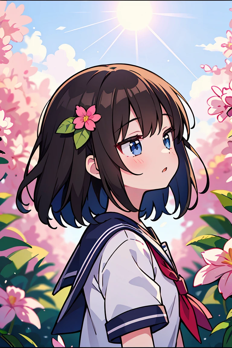 (masterpiece, best quality),1girl, solo, flower, long hair, outdoors, letterboxed, , day, sky, looking up, short sleeves, parted lips, shirt, cloud, black hair, sunlight, white shirt, serafuku, upper body, from side, pink flower, blurry, brown hair, blue sky, depth of field
