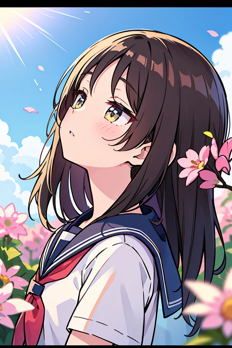 (masterpiece, best quality),1girl, solo, flower, long hair, outdoors, letterboxed, , day, sky, looking up, short sleeves, parted lips, shirt, cloud, black hair, sunlight, white shirt, serafuku, upper body, from side, pink flower, blurry, brown hair, blue sky, depth of field
