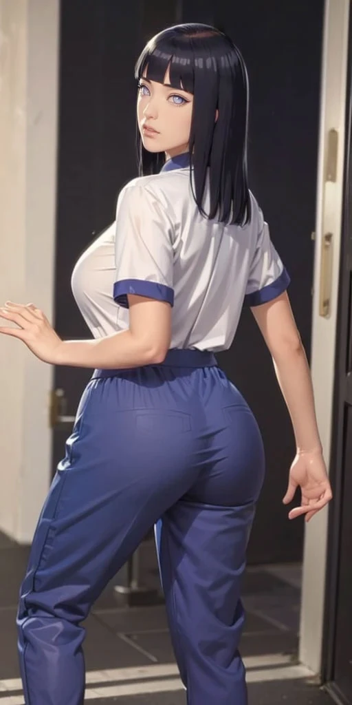 (((Perfect body,White and tender skin,(((ruanyi0533,blue pants,collared shirt,short sleeves,striped,sneakers,white shirt,))),(((hyuugahin,hyuugahin,hinata\(boruto\),hyuugahin, "black long hair", blue eyes,blunt bangs))),((masterpiece)),high resolution, ((Best quality at best)),masterpiece,quality,Best quality,((( Exquisite facial features,Looking at the audience,There is light in the eyes,blush,Happy,lol))),Bend forward,Plump buttocks,From the back))),(((Light and shadow,Huge breasts))),(((Looking at the camera,black background,)))),