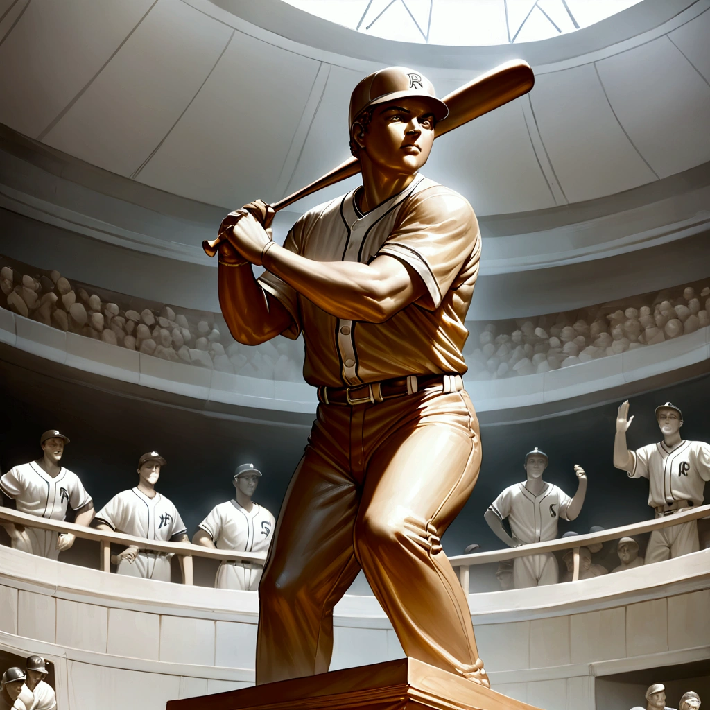 Bronze Statue of Babe Ruth, baseball player, (batter's posture, carry a bat:1.2), Baseball uniform, loose fitting, baseball cap, medium build, (1man, solo), best quality, (masterpiece:1.2), realistic, full body, tachi-e, from below, monochromatic bronze statue, inducted into a hall of fame, 