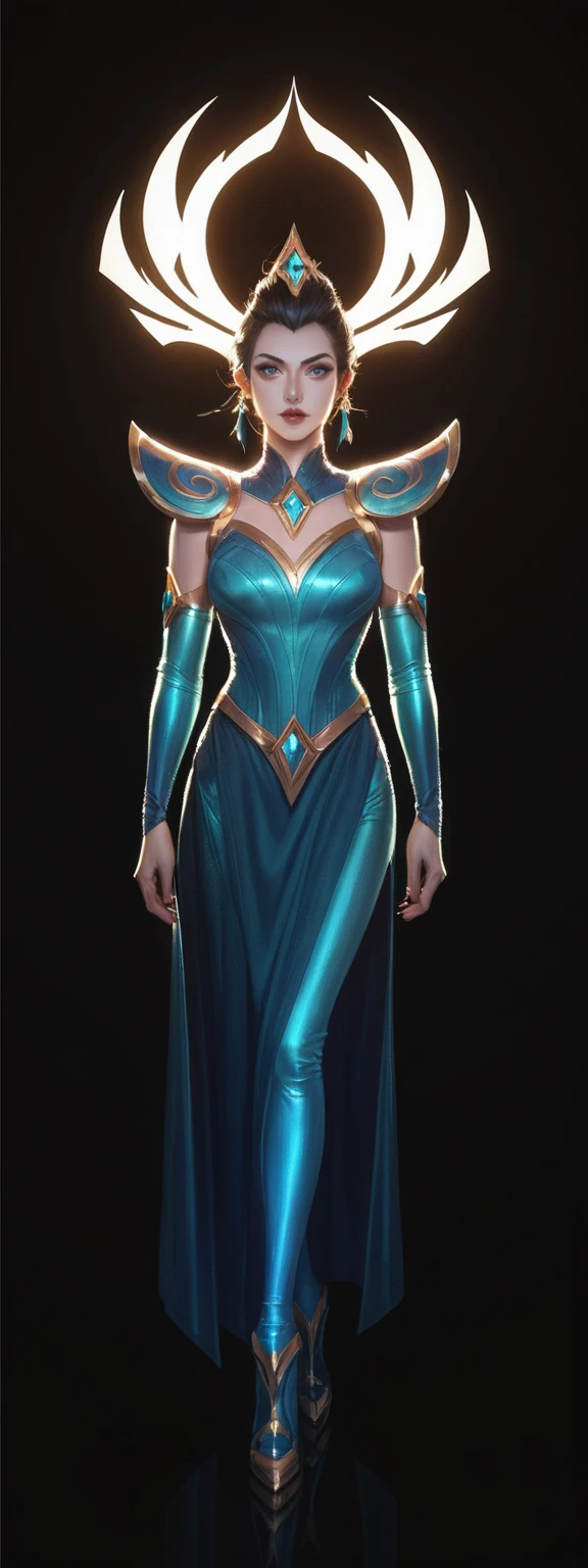 realistic, score_9, score_8_up, score_7_up, score_6_up, 
1girl, solo, from front, full body, Azir \(league of legends\),  black background, makeup, sidelighting, backlighting, glowing,