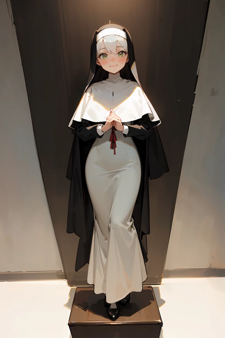 masterpiece, best quality, highly detailed background, perfect lighting, best quality, (extremely detailed face), volumetric lighting, intricate details, shadow, tonemapping, sharp focus, hyper detailed, trending on Artstation, (solo), ((Looking at the viewer)), (White hair), ((thin)), ((green eyes)), ((nun)), ((dressed as a nun)), ((nun's long skirt)), ((delicate)), ((thin and fine figure)), ((elegant)), ((smile)), (blush)