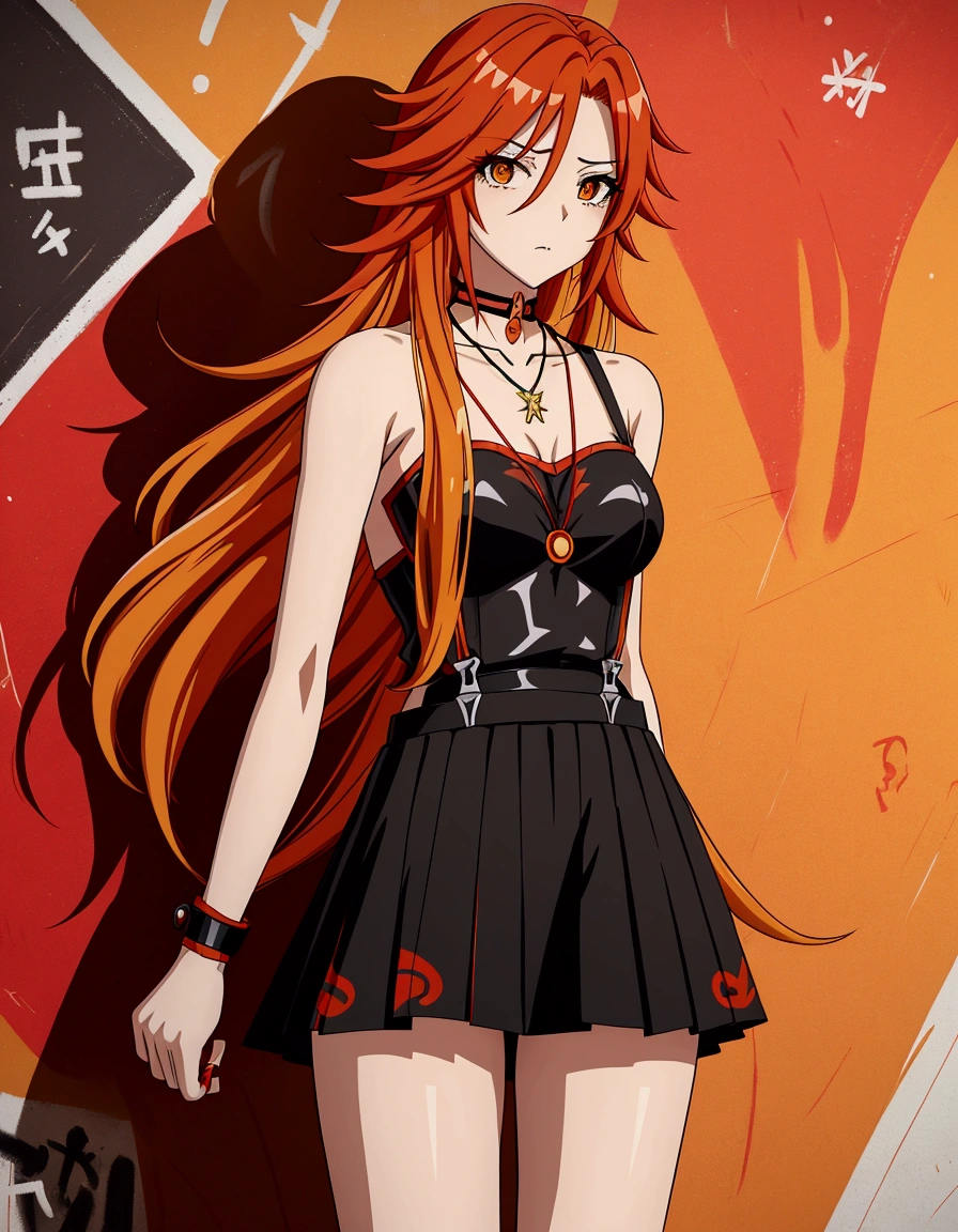 Anime girl in red, orange and black suspender skirt in front of graffiti wall, 25 years old,long hair anime girl, She has long red and yellow hair., Attractive anime girl,Bare arms,Bare arms,Bare legs,Black necklace,Front view,First Perspective,high quality,16K,Exciting appearance,very clearly,Exquisite mature facial,Royal sister,Simple black suspender skirt,Alone,Standing front