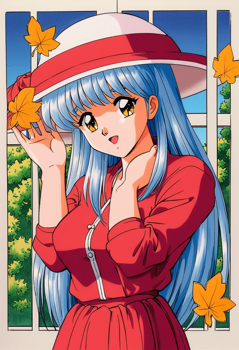 Kokura Masashi Style,
Fujisaki Shiori,One girl,retro artstyle,alone,1990s (style),Outdoor,Light blue hair,Open your mouth,Yellow Eyes,window,leaf,Upper Body,Red dress,View your viewers,Traditional Media,Bridal ，Medium long hair，Big Tits，silk hat，