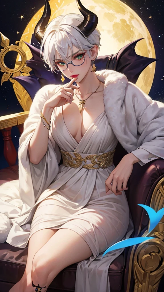 8k, masterpiece, best quality, highly detailed, 1 girl, tiefling, warlock, multicolored hair, very short straight hair green highlight hair on white hair, strippled hair, wearing glasses, round glasses, earrings, red eyeshadow, long eyelashes, blushed cheek, red lips, necklace, rings, collarbone, mole, glamorous, white and gold clothing, smirk, close up view, rings, looking at viewer, demon horns, solo, royal dress, palace, blue pale moon, sitting on throne, tattoo, halo, celestial.