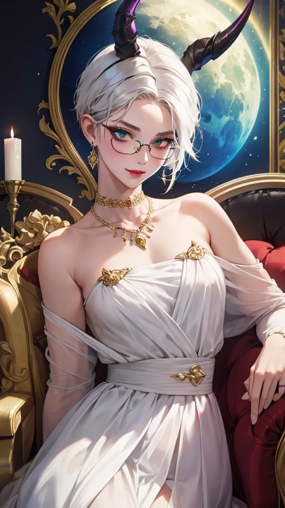 8k, masterpiece, best quality, highly detailed, 1 girl, tiefling, warlock, multicolored hair, very short straight hair green highlight hair on white hair, strippled hair, wearing glasses, round glasses, earrings, red eyeshadow, long eyelashes, blushed cheek, red lips, necklace, rings, collarbone, mole, glamorous, white and gold clothing, smirk, close up view, rings, looking at viewer, demon horns, solo, royal dress, palace, blue pale moon, sitting on throne, tattoo, halo, celestial.