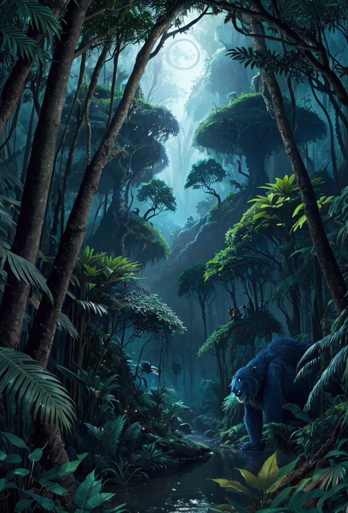 There is a tree in the middle of the dark forest, enchanted magical The Jungle Book, Magical environment, Fantasy magic vegetation, Elf forest background, magical The Jungle Book, Background artwork, The Jungle Book, Enchanted Forest背景, Enchanted Forest, Blue Forest, Moonlight Forest Environment, The Jungle Book environment, cyber space forest scene, The Jungle Book background, The Jungle Book landscape