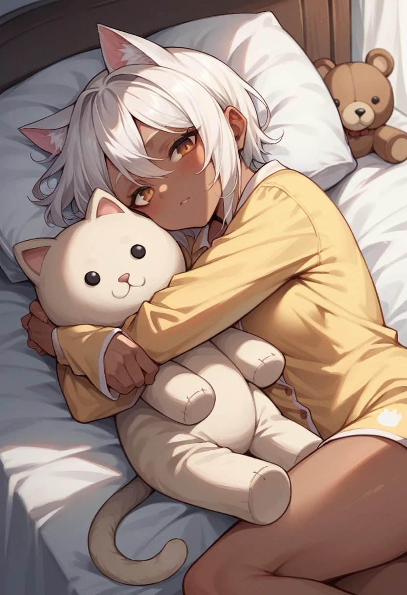 brown skin girl,white hair, Cat's ears,cat eye,Wearing Pajamas, lying on her bed, Hugging the teddy bear