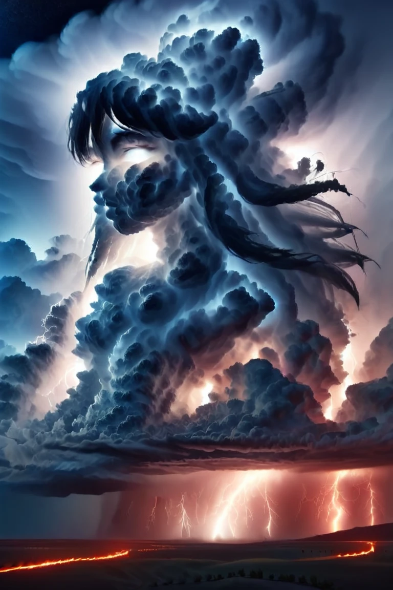 female storm djinn, perfect face, clear eyes, voluminous hair, smoke dress, 0k3dr3ss, martius_storm, tornado, hurricane, volcano area, lightning, 22yo, vibrant colours, visibly heavy rain, native american, badlands