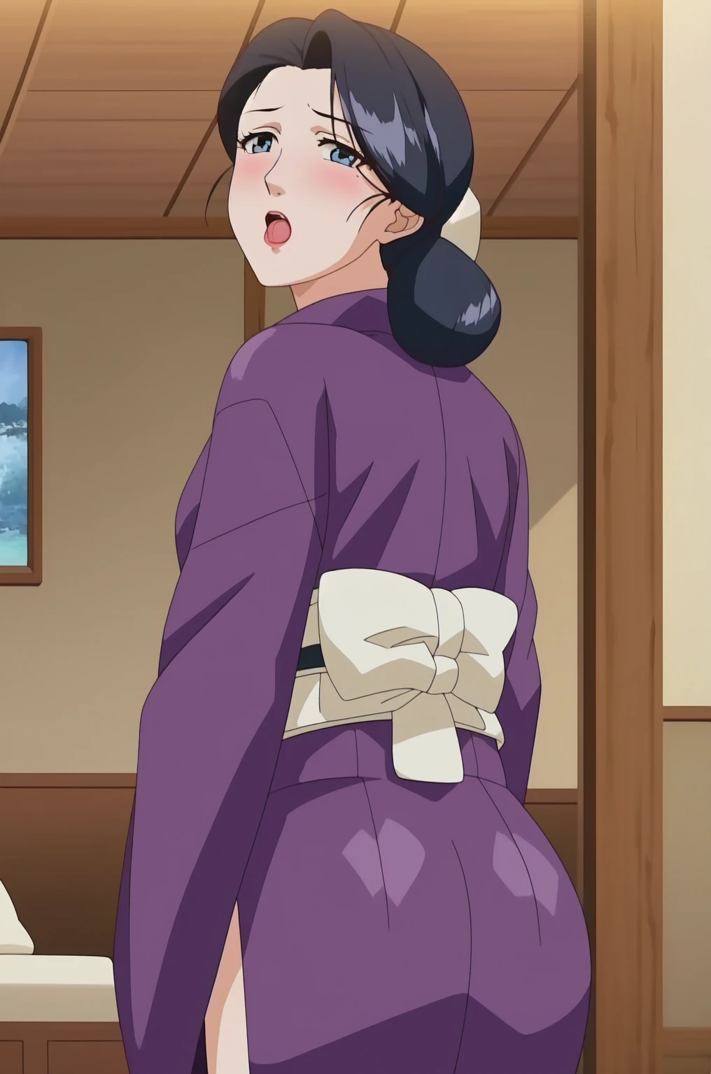 masterpiece, One girl, alone, good, Black Hair, View your viewers, blush, 笑face, Mouth closed, kimono,  , purple kimono , blue eyes, Huge Ass, Recall, chest, indoor, From behind, , sofa, , Mature Woman, , Ass Focus,, Browsing Caution,Official Art,非常に詳細な CG ユニティ 8K 壁紙, Perfect lighting,colorful, bright_front_face_Lighting, (masterpiece:1.0),(Highest_quality:1.0), 超High resolution,4K,Super detailed, photograph, 8K, High resolution, High resolution, Absurd:1.2, 400 for Kodak Port, Film Grain, Blurred Background, Bokeh:1.2, Lens flare, (Vibrant_color:1.2) , (beautiful_face:1.5),(narrow_Waist),
