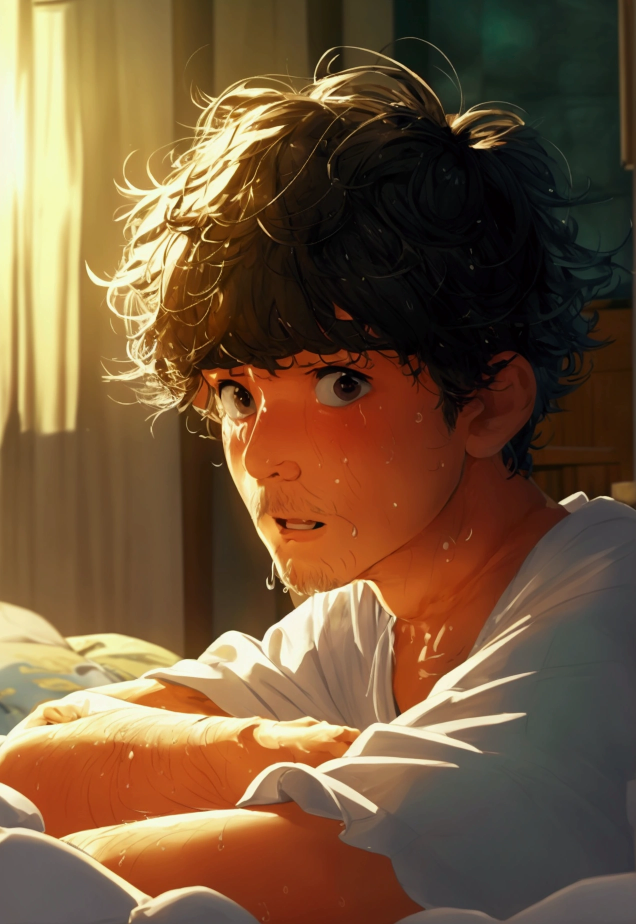 It's a close-up shot of a fat man with unkempt hair and a surprised look on his face, his face beaded with sweat, as he sits on his bed, panoramic, surrounded by messy sheets and scattered pillows. The soft computer light of the desktop cast a warm light on his face, highlighting the surprise and confusion on his face.
