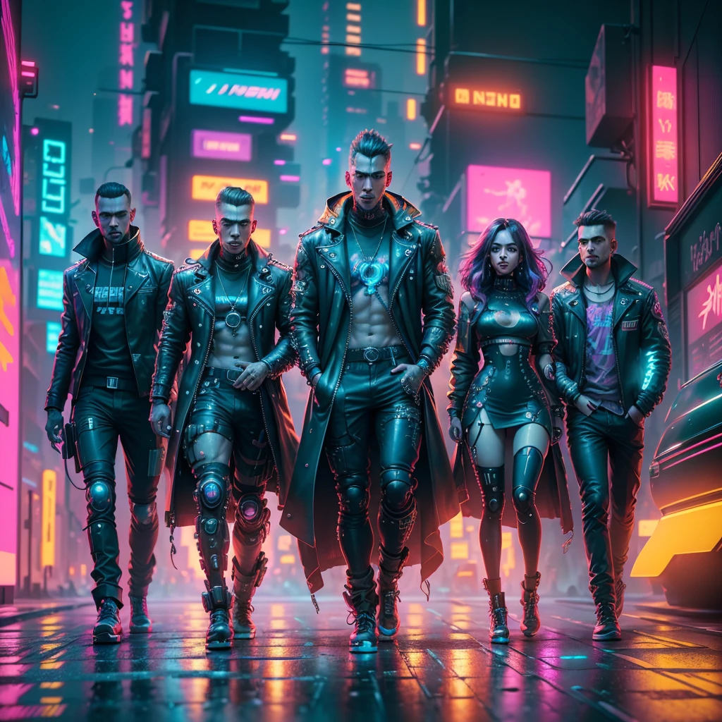 ((Cyberpunk(detailed)), neon lights (cinematic), A cyberpunk guy and cyberpunk girl with futuristic cyber car, high quality 