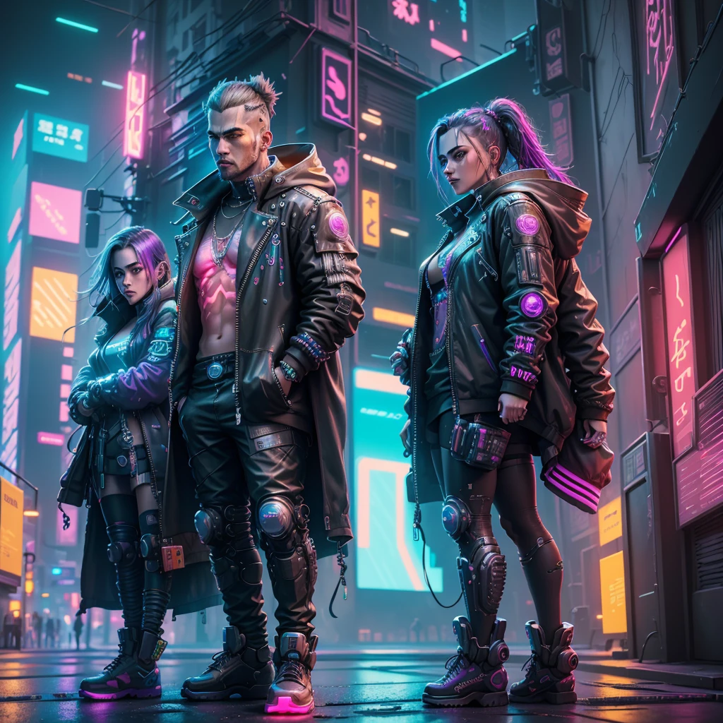 ((Cyberpunk(detailed)), neon lights (cinematic), A cyberpunk guy and cyberpunk girl with futuristic cyber car, high quality 