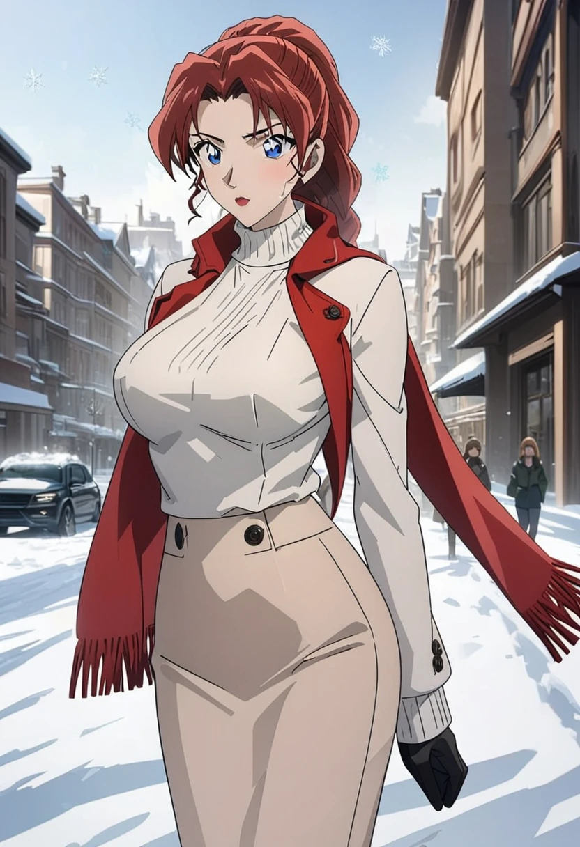 (best quality,4K,8K,high resolution,masterpiece:1.4),Ultra Detailed,Detail face:1.3,White sweater,red scarf,Perfect body,Large Breasts,Fashion,winter,Snowflakes falling,Anime style