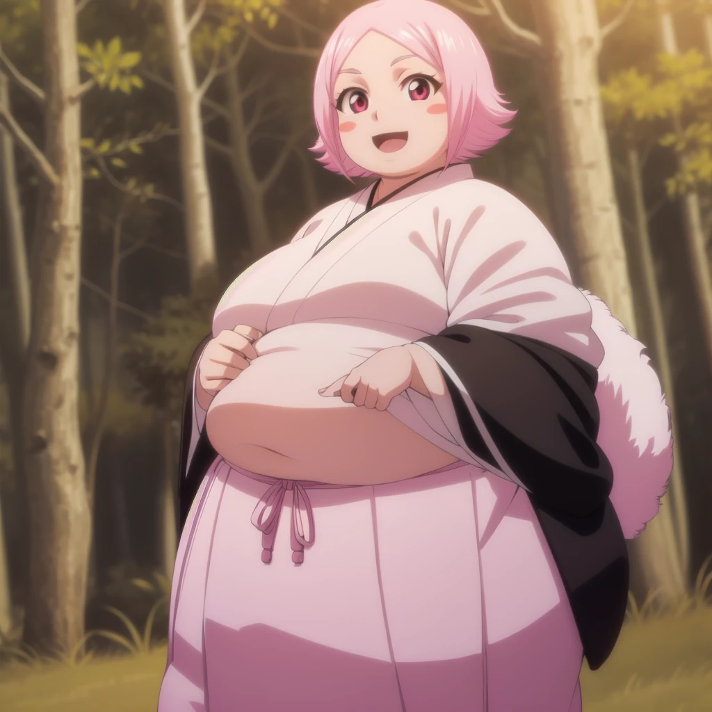 yachirukusajishi, yachiru kusajishi, short hair, pink hair, (pink eyes:1.5), blush stickers, open mouth, forehead,
BREAK long sleeves, japanese clothes, hakama, black hakama,
BREAK outdoors,
BREAK looking at viewer, (cowboy shot:1.5),
BREAK (masterpiece:1.2), best quality, high resolution, unity 8k wallpaper, (illustration:0.8), (beautiful detailed eyes:1.6), extremely detailed face, perfect lighting, extremely detailed CG, (perfect hands, perfect anatomy), standing, smile, blush, solo, 1girl, SSBBW yachiru kusajishi, big cheeks, ssbbw, severely obese ,600lbs obese female, no pupils, ultra detailed, masterpiece, best quality, aesthetic, detailed, Fluffy and Fat Face, Big Butt, Big Cheeks, Obese Body, Sexy, Obese Girl, oddeye, Happy, Cute Expression, Very Hot, NSFW