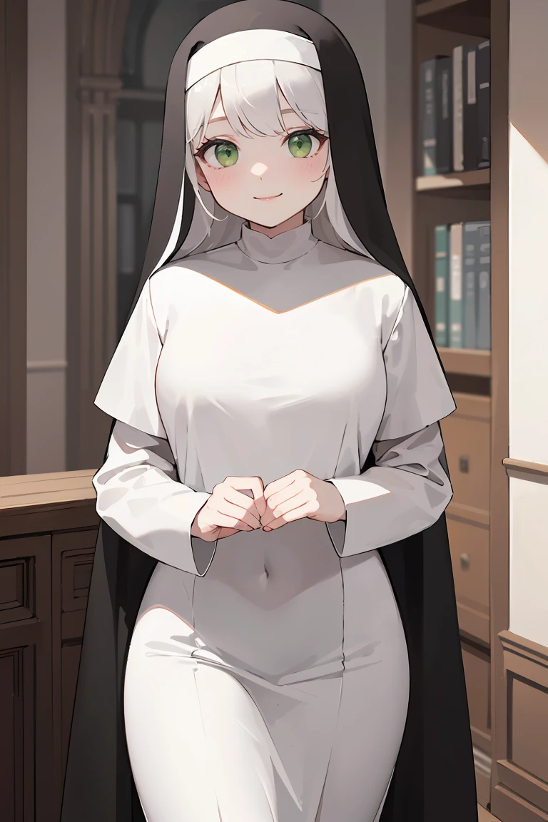 masterpiece, best quality, highly detailed background, perfect lighting, best quality, (extremely detailed face), volumetric lighting, intricate details, shadow, tonemapping, sharp focus, hyper detailed, trending on Artstation, (solo) ((Looking at the viewer)) (White hair) ((thin)) ((friendly face)) ((green eyes)) ((nun)) ((dressed as a nun)) ((nun's long skirt)) ((delicate hands)) ((thin and fine figure)) ((elegant))