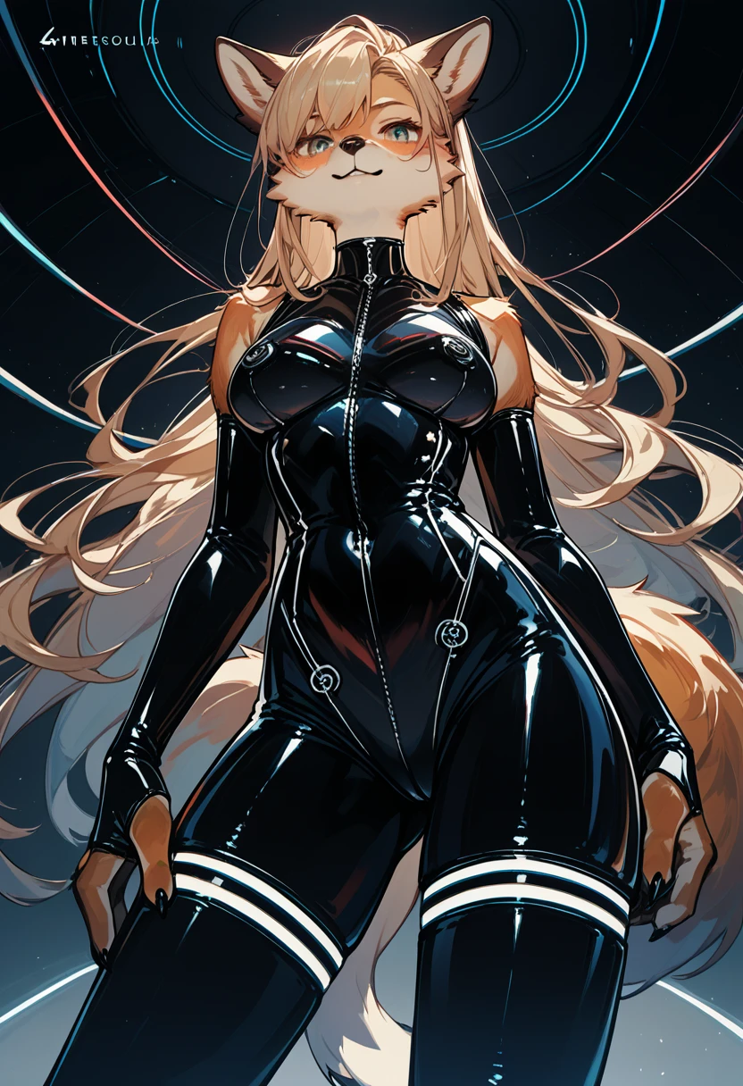 Highest quality, Highest quality, High quality illustrations, masterpiece, Ultra-high resolution, Detailed Background, cyber-, Absurd, Perfect Anatomy, performance, Good lighting, Shadows in the movies(kemono, Furry Personifi猫ion), Rubber suit, latex, neon, neonライト, neonカラー, Plug Suit