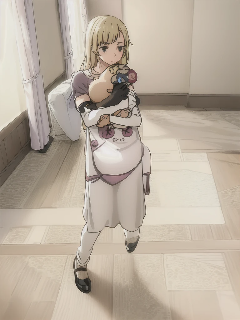 (in hotel, masterpiece, best quality:1.2), 1girl, ((holding baby, hold infant)), waving hair, (estrus, sweet temptation, lingerie), ((elbow gloves, pattern))