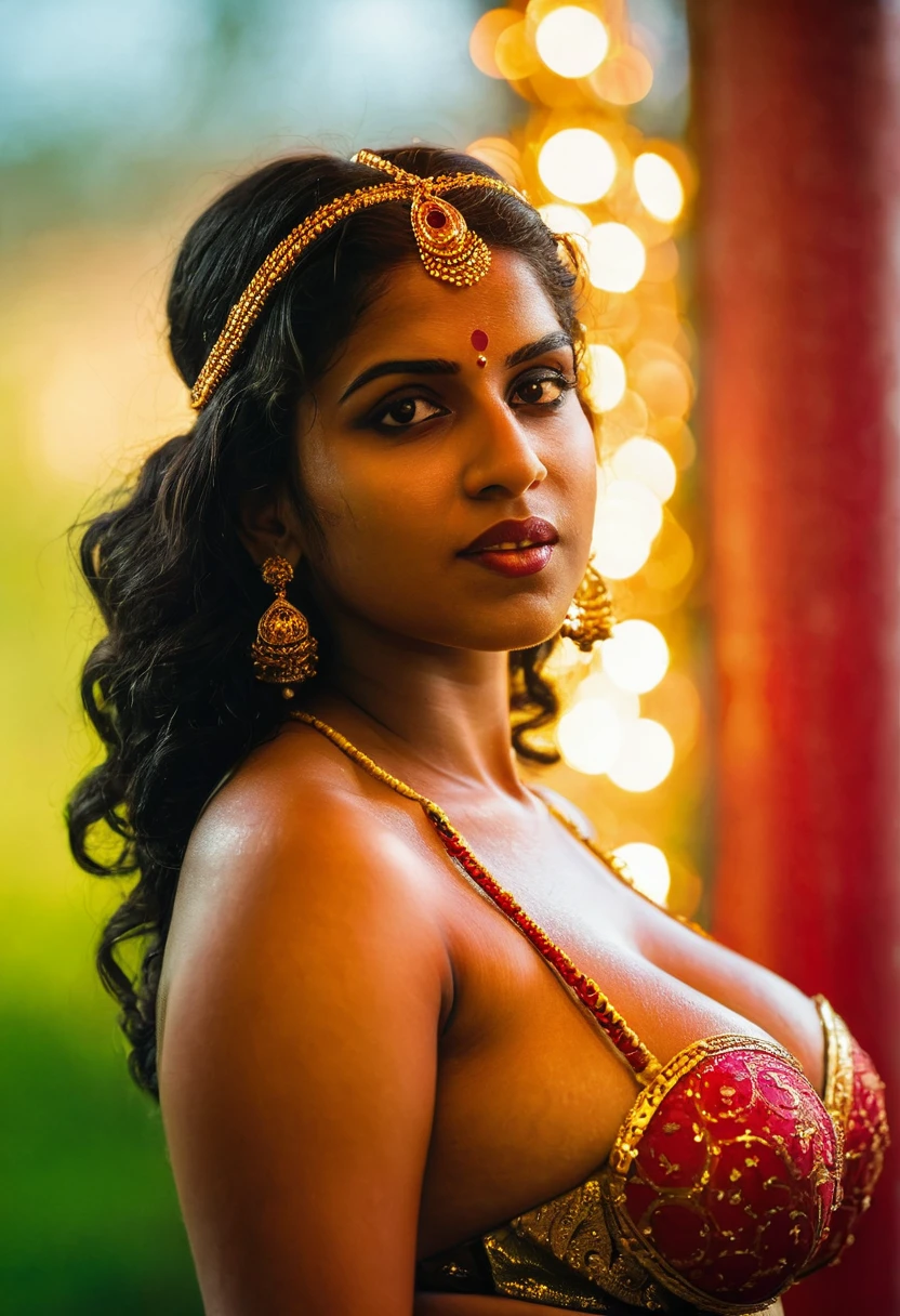 (((photo of a ancient kerala crowned temple goddess ))), (((black kali))) , (((Half Body))), (((very dark skin))), (((age 18+))), (((plus size chubby tall))), (((huge busty milky wet big massive boobs))), (((nude thick thigh))), (((ancient black mini skirt))), ((black skin dark body)), (((red ornaments))), (((depth of field))), ((( flame bokeh))), (((rain))), ((( flashing light leaks))), (((divine))), photorealistic,photo, realism, Getty Images, RAW candid cinema, 16mm, colour graded portra 400 film, remarkable colour, ultra realistic, textured skin, remarkable detailed pupils, realistic dull skin noise, visible skin detail, skin fuzz, dry skin, shot with cinematic,light leaks, RAW Image, DOF, depth of field,bokeh,mylocalgirl